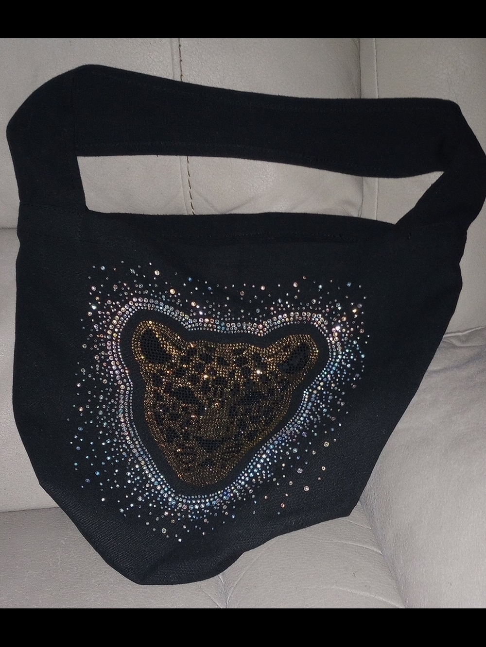 Black Shoulder Bag with Embellished Leopard Motif